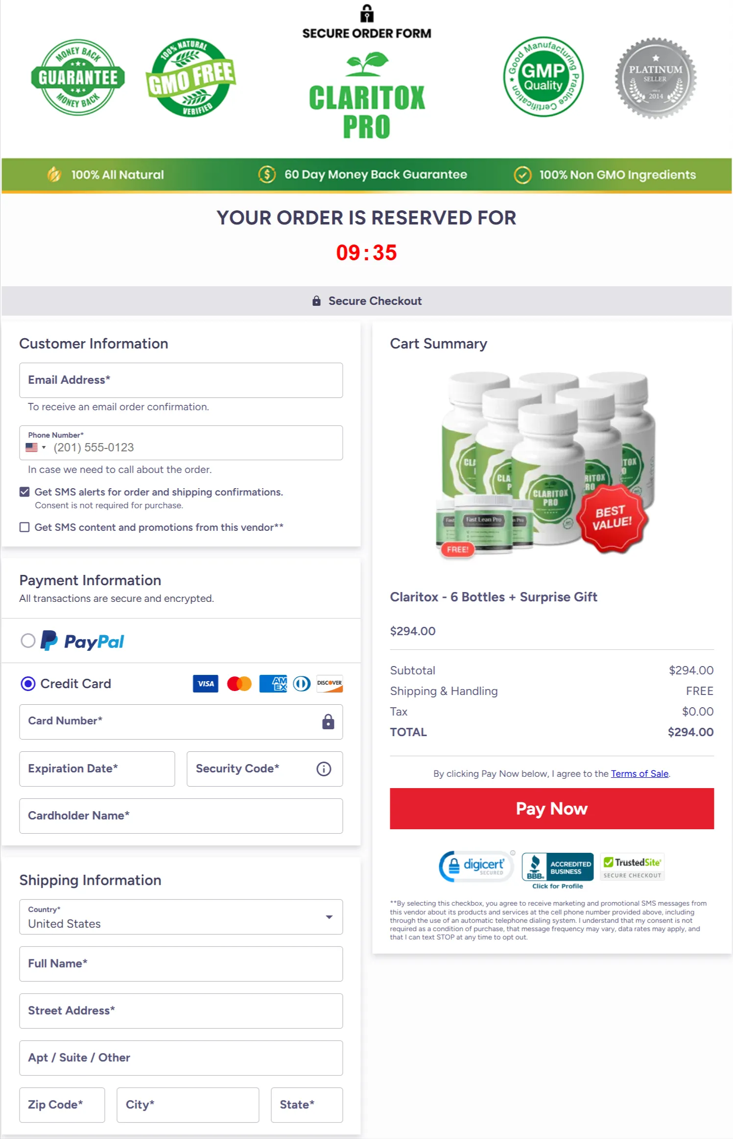 Claritox Pro checkout page